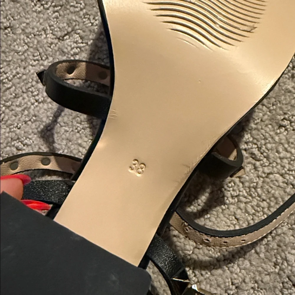 Black Leather Studded Block Heeled Sandals with gold studs - Picture 6 of 6